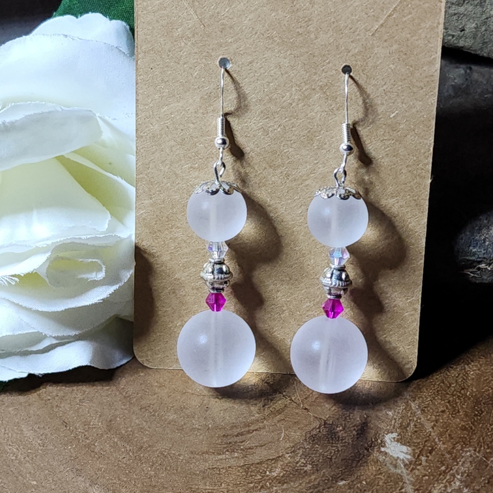 Hand Crafted Elegant Silver and Light Pink Beaded Hook Earrings